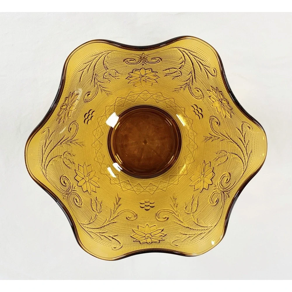 Vintage Tiara Indiana Glass Amber Sandwich Daisy Crimped Ruffled Bowl 10